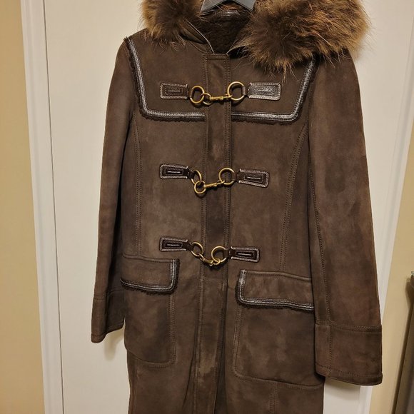 Coach Womens Brown Lamb Shearling Toggle Coat with Fur Trim - Size 6 - Picture 1 of 11